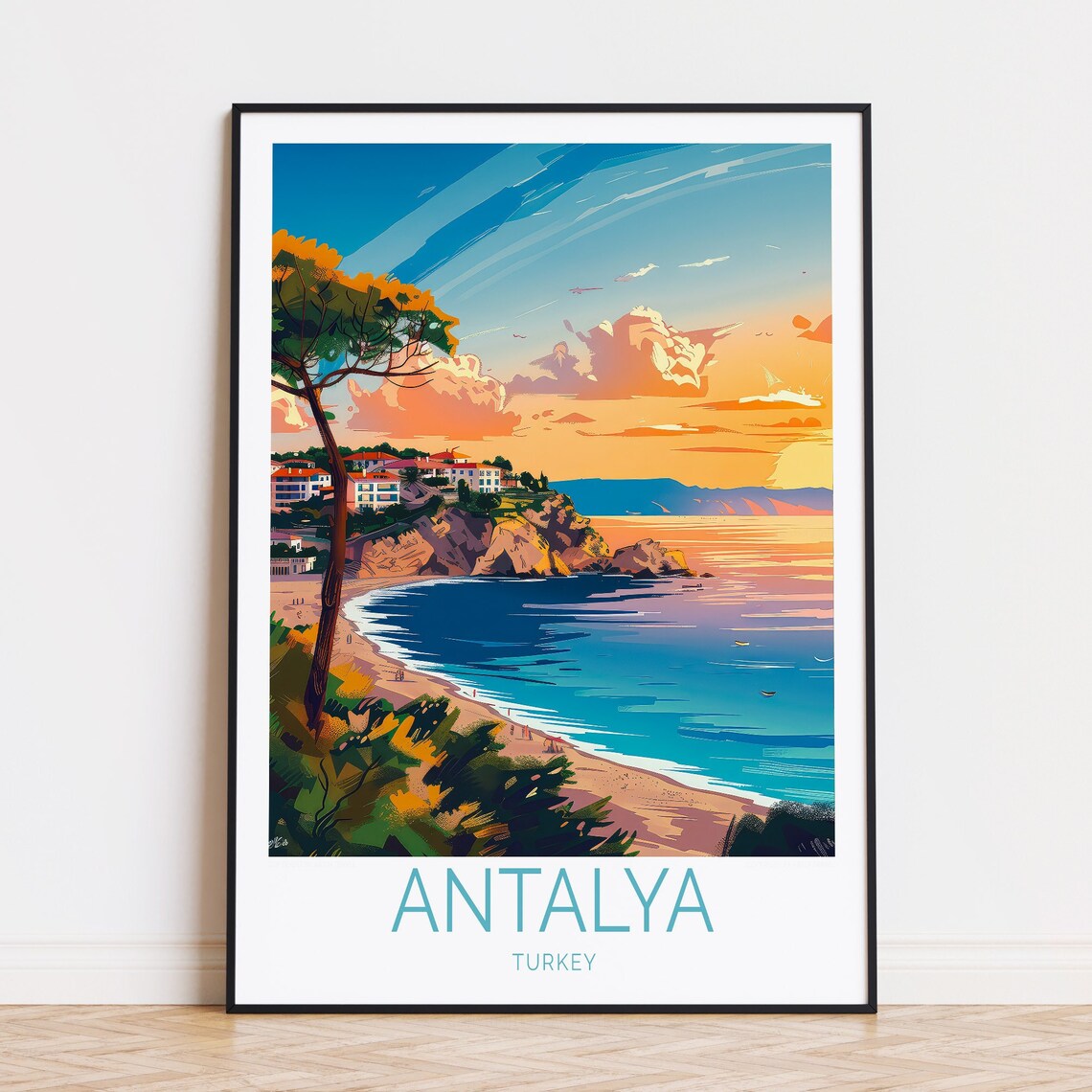 Antalya Turkey Mediterranean Sunset Beach Retro Travel Art Poster