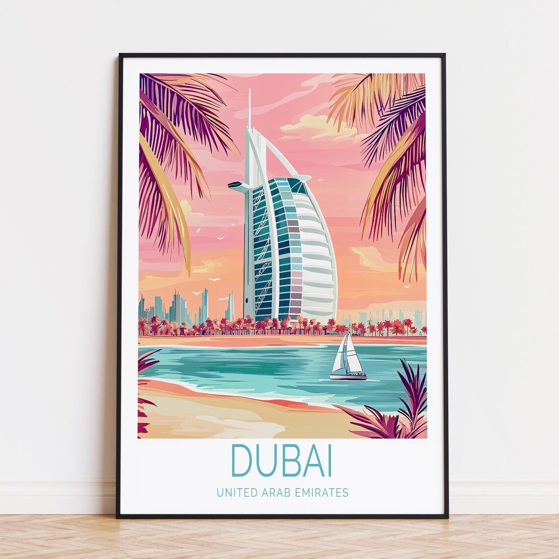Dubai United Arab Emirates Burj Al Arab at a Pink Sunset Beach Poster