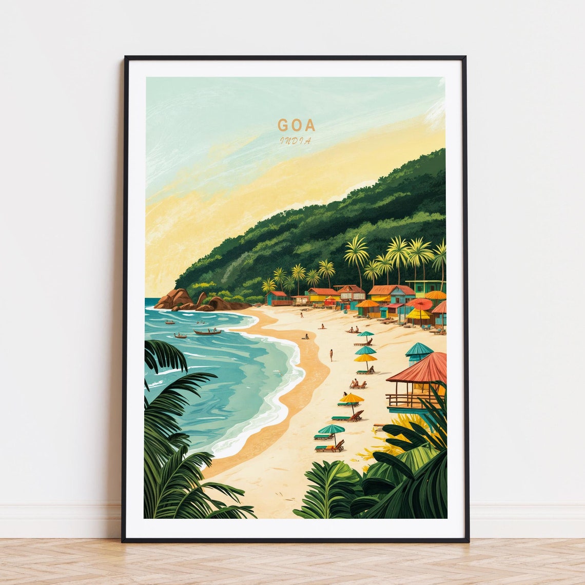 Goa India Tropical Beach Palms Umbrellas Huts Golden Hour Poster