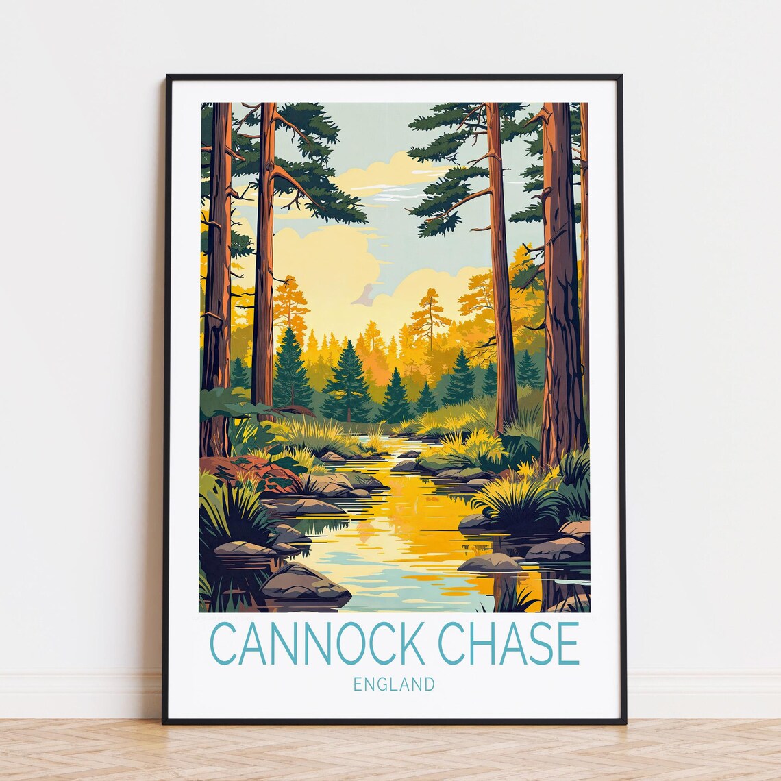 Vintage Cannock Chase England Autumn Forest Stream Travel Poster