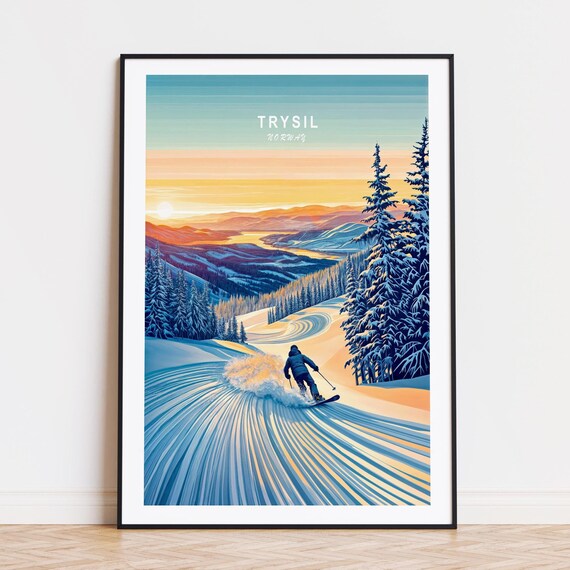 Trysil Norway Sunset Skier Groomed Slope Winter Sport Travel Poster