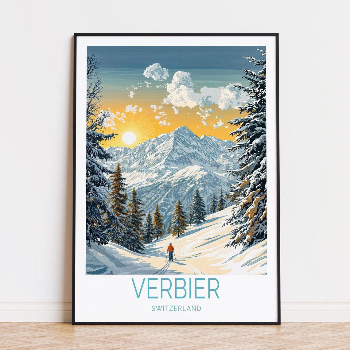 Verbier Switzerland Sunrise Skier Alpine Slopes Bottom Title Poster