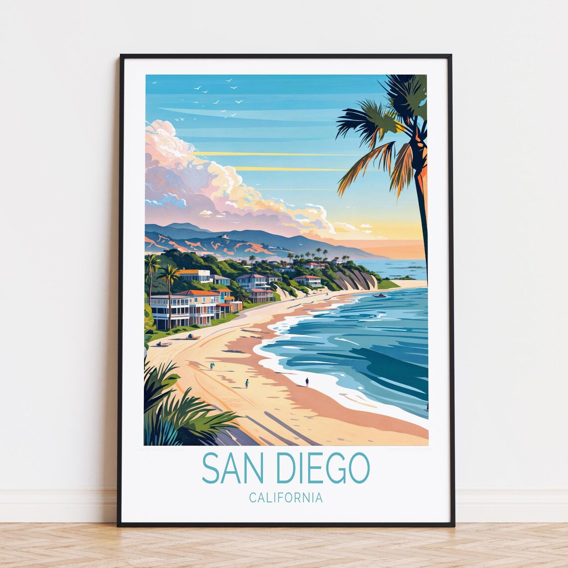 San Diego California Sunset Beach Houses Palm Coastline Poster