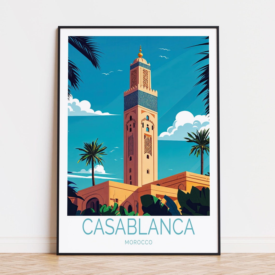 Casablanca Morocco Hassan II Mosque Minaret Bottom Title Poster