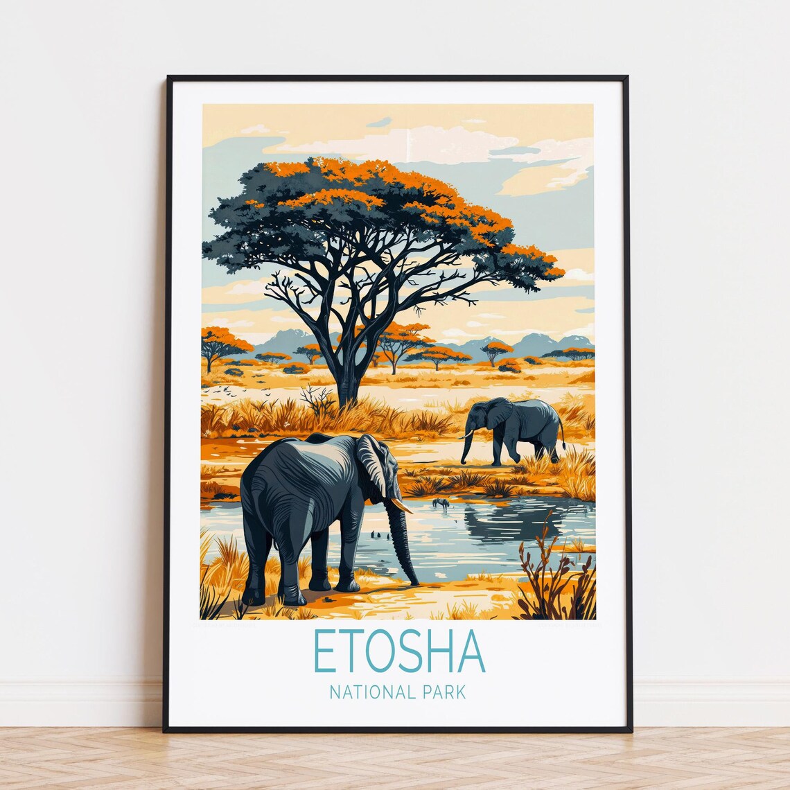 Etosha National Park Elephants Waterhole Acacia Tree Safari Poster