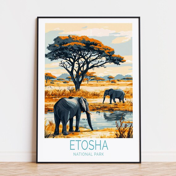 Etosha National Park Elephants Waterhole Acacia Tree Safari Poster