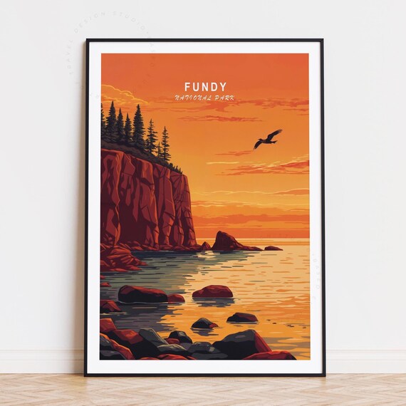 Fundy National Park Sunset Cliffs and Seabird Retro Travel Art Poster