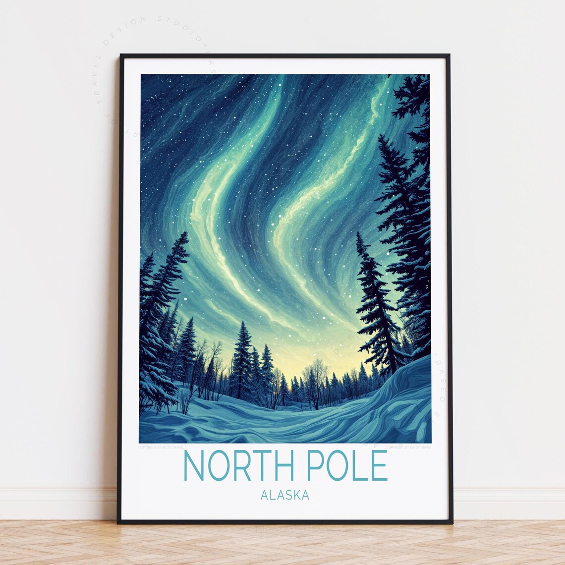 North Pole Alaska Aurora Borealis Snowy Forest Starry Night Poster