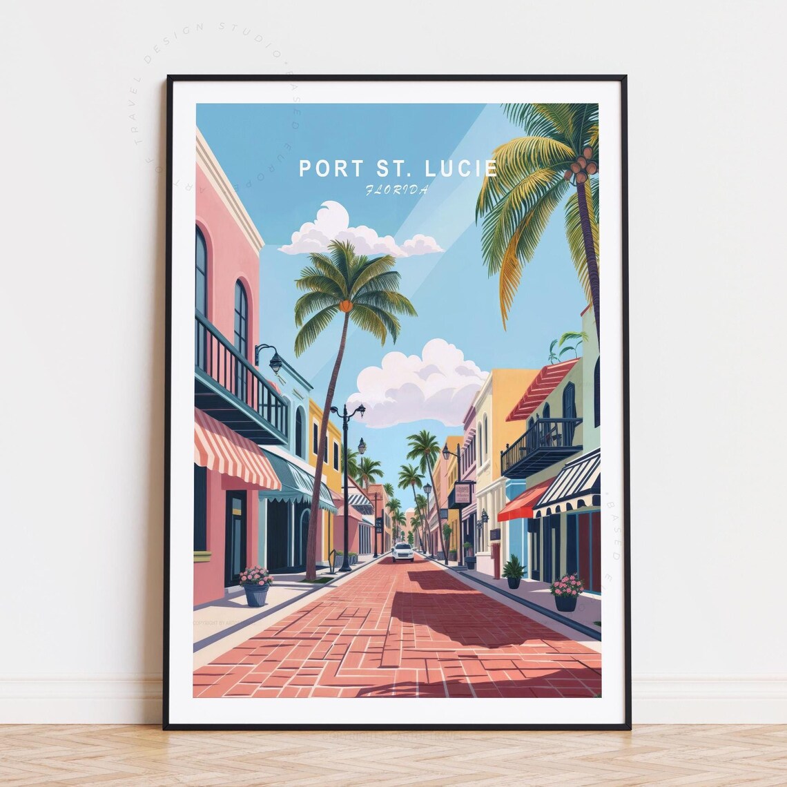 Port St Lucie Florida Pastel Shopfront Street Palms Brick Road Poster