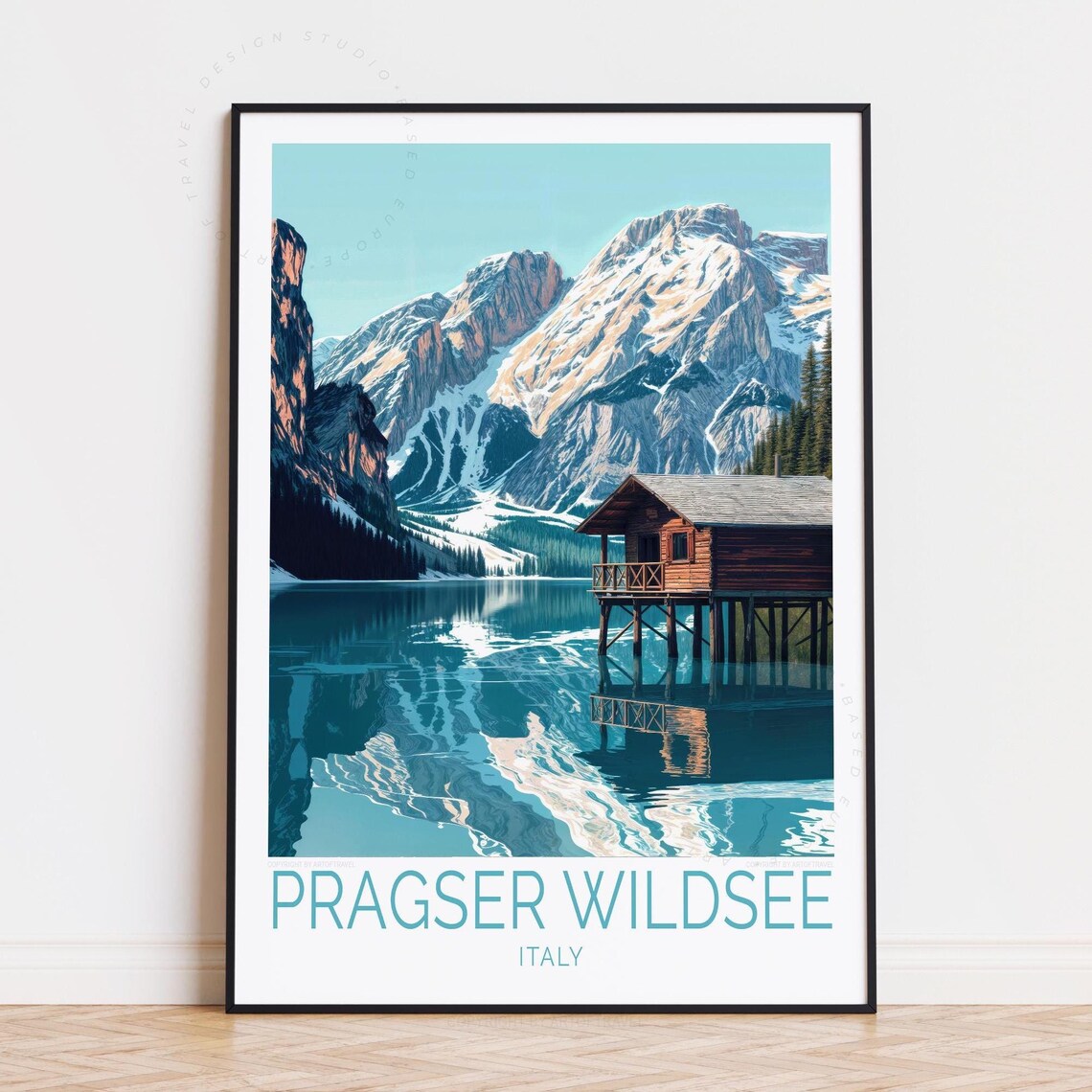Pragser Wildsee Italy Mountain Lake Reflection Vintage Travel Poster