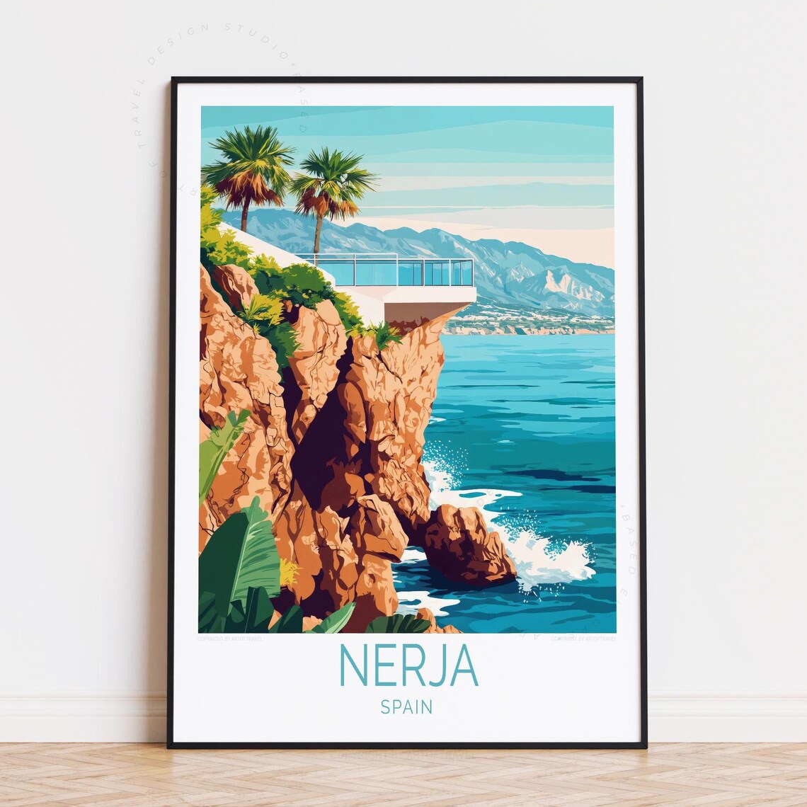 Nerja Spain Glass Viewpoint Cliff Turquoise Sea Palms Poster