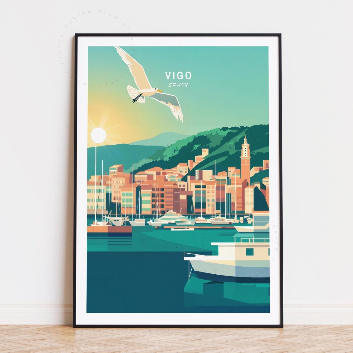 Vigo Spain Sunrise Harbor Sailboats Church Retro Travel Poster