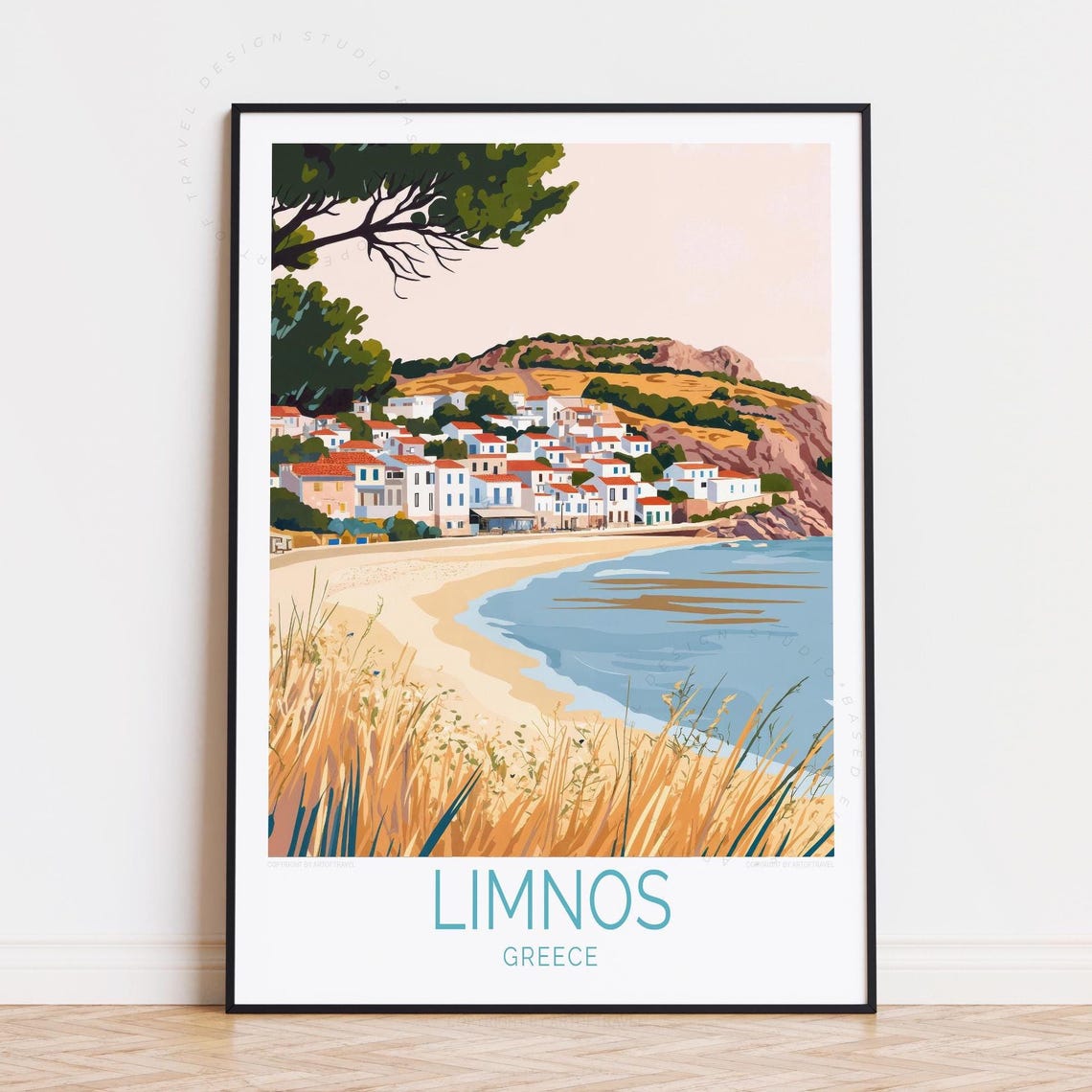 Limnos Greece Seaside Village Sandy Beach Cove Travel Poster