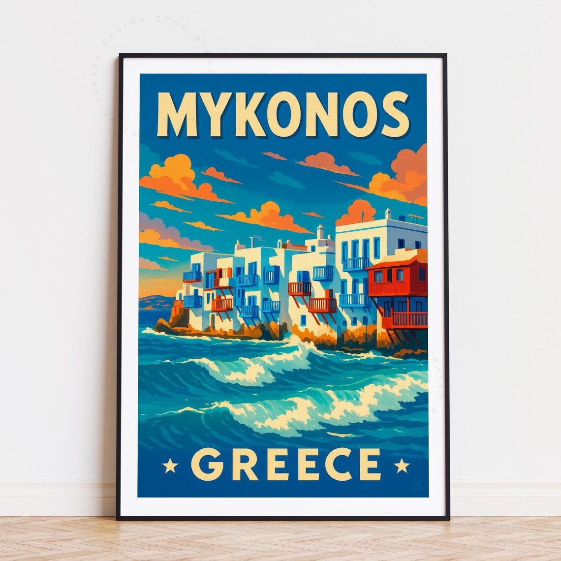 Mykonos Greece White Waterfront Houses Rolling Waves Retro Art Poster
