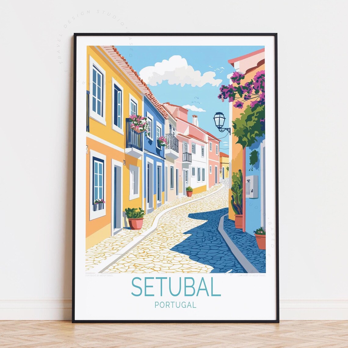 Setubal Portugal Cobblestone Lane Flower Balconies Travel Poster