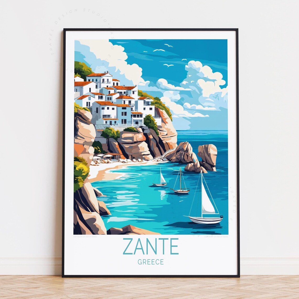Zante Greece Cliffside Village Sailboats Turquoise Bay Poster