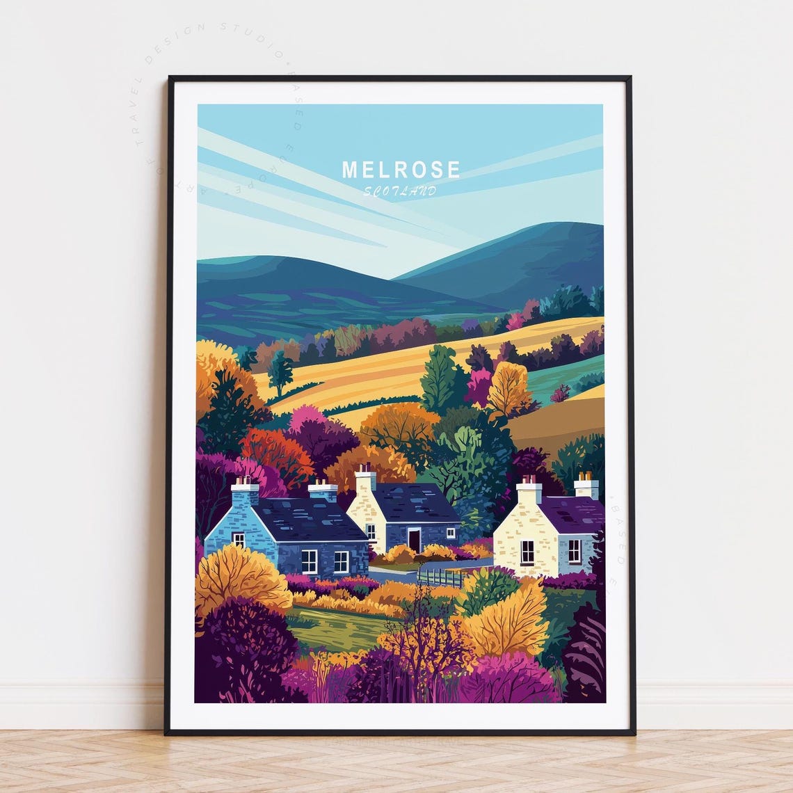 Melrose Scotland Rolling Hills Cottages Autumn Landscape Travel Poster