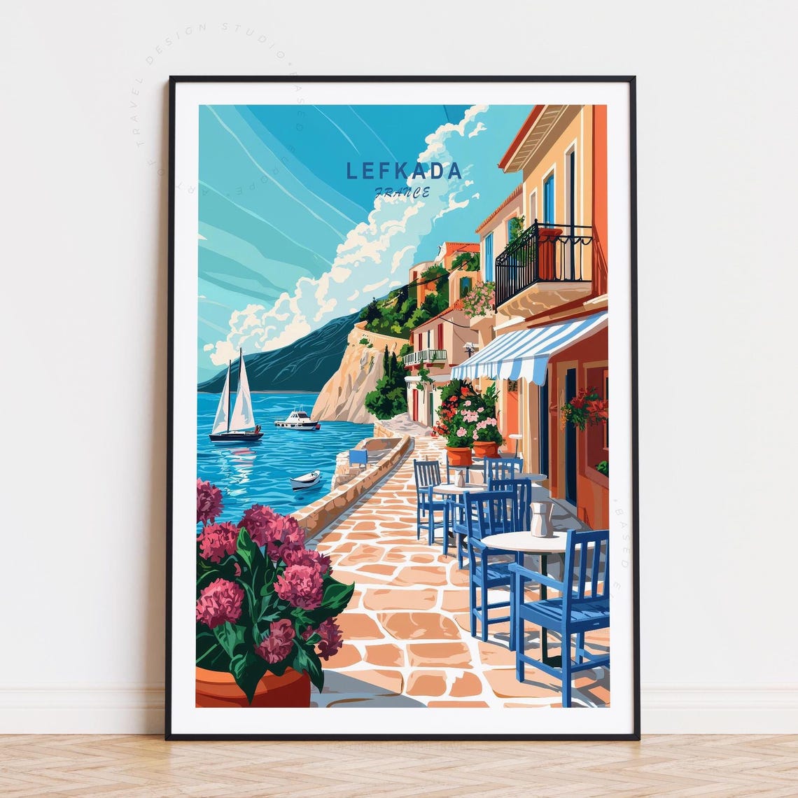 Lefkada Greece Seaside Cafe Terrace Sailboat Coastal Travel Poster
