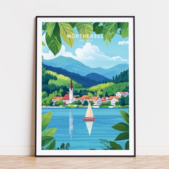 Woerthersee Austria Red Sailboat Calm Lake Shoreside Town Poster