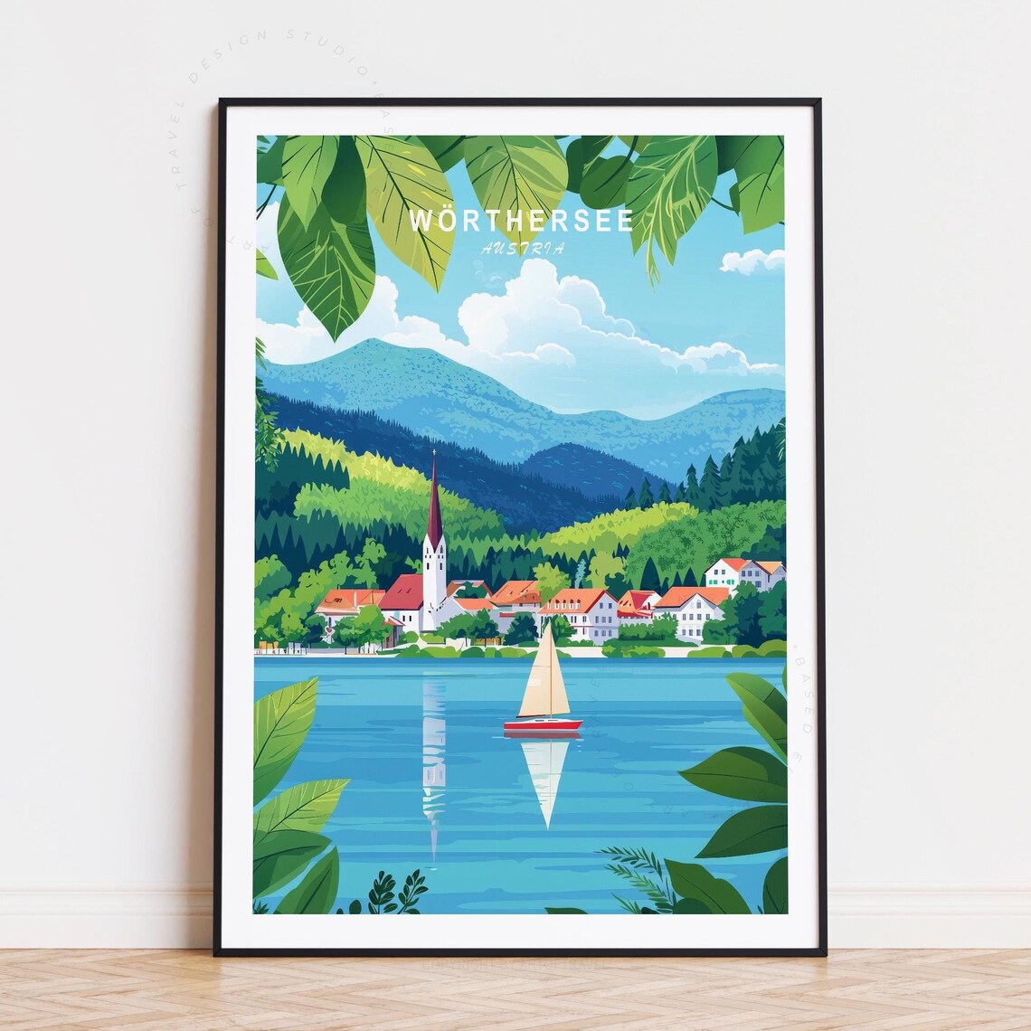 Woerthersee Austria Red Sailboat Calm Lake Shoreside Town Poster