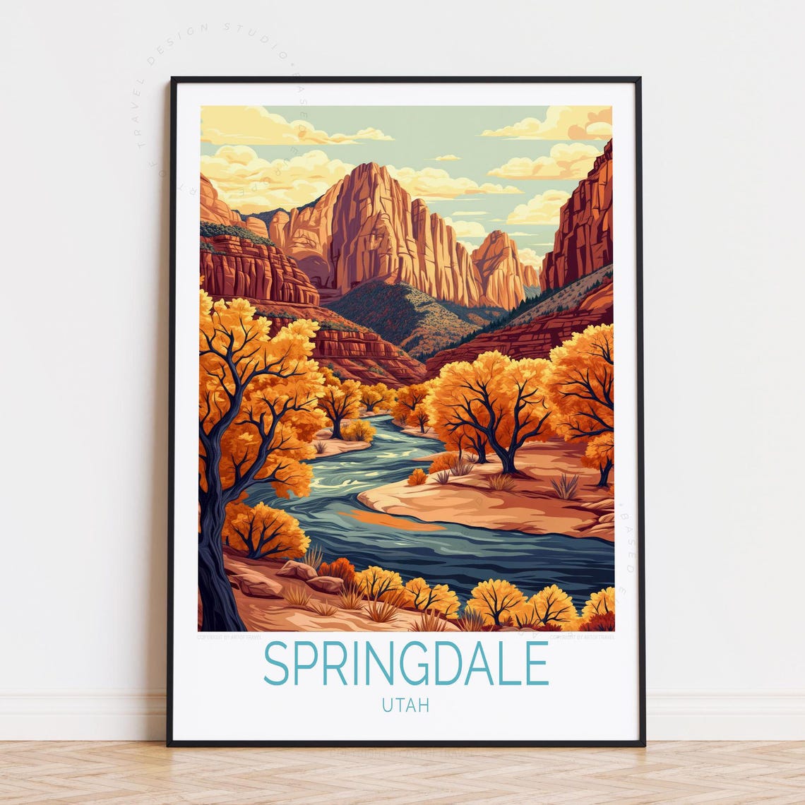 Springdale Utah Red Rock Canyon Autumn River Landscape Art Poster