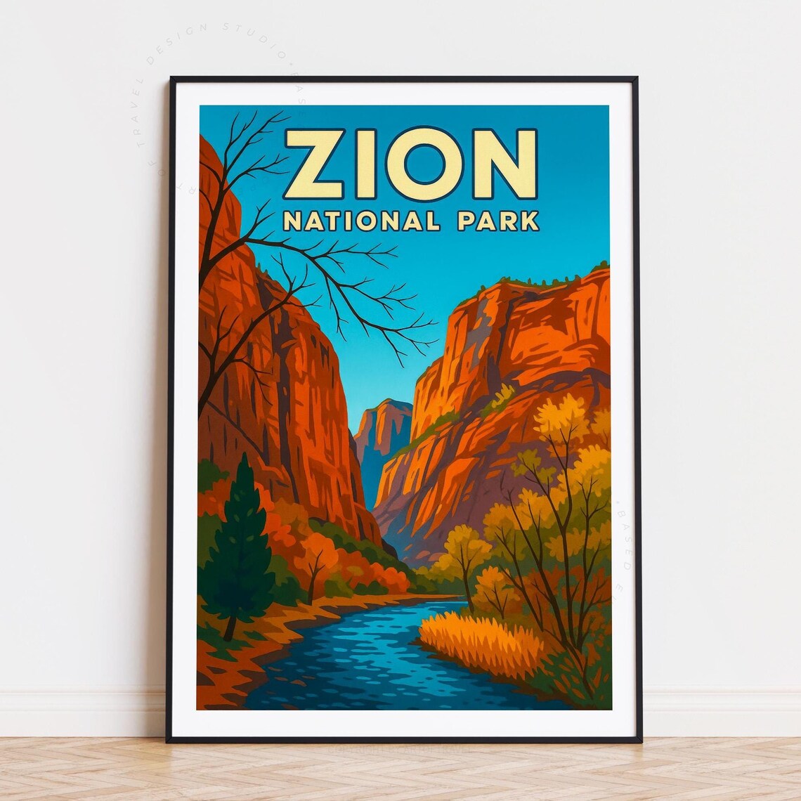 Zion National Park Red Canyon Cliffs River Retro Wilderness Poster
