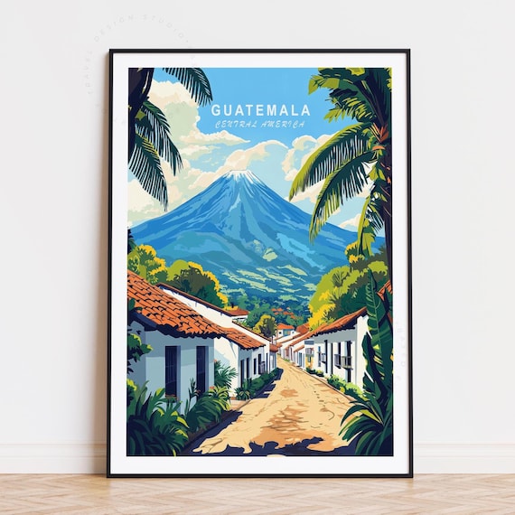 Guatemala Central America Blue Volcano Village Sky Travel Poster