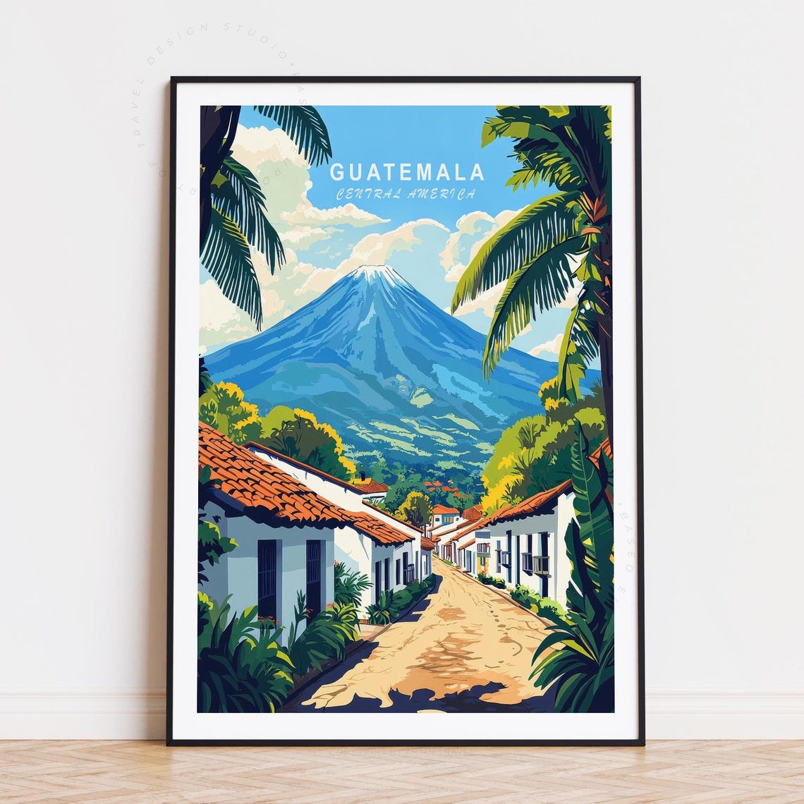 Guatemala Central America Blue Volcano Village Sky Travel Poster