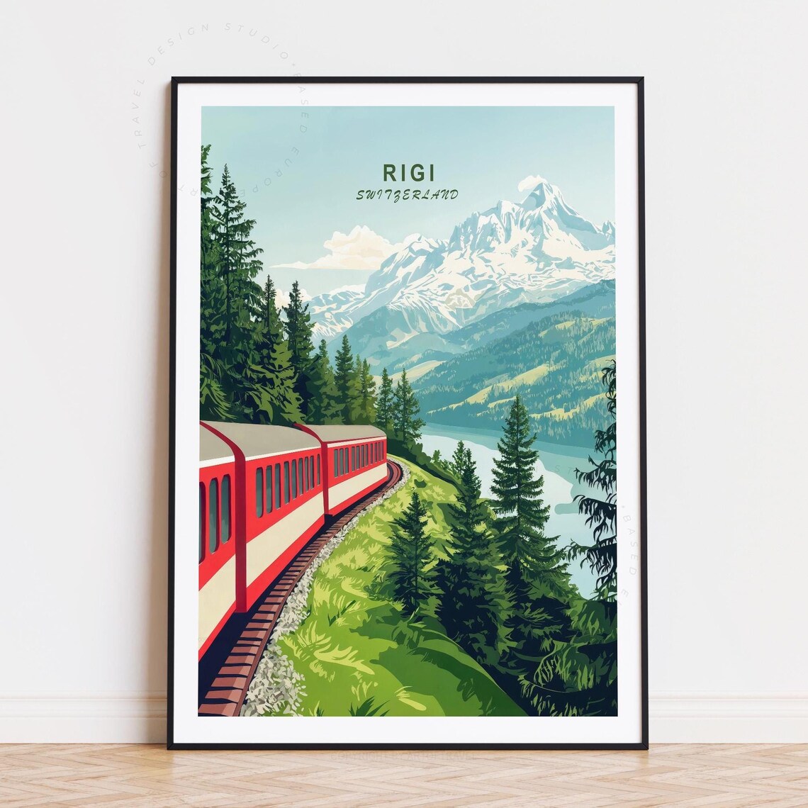 Rigi Switzerland Red Mountain Train Curved Track Snowy Peak Poster