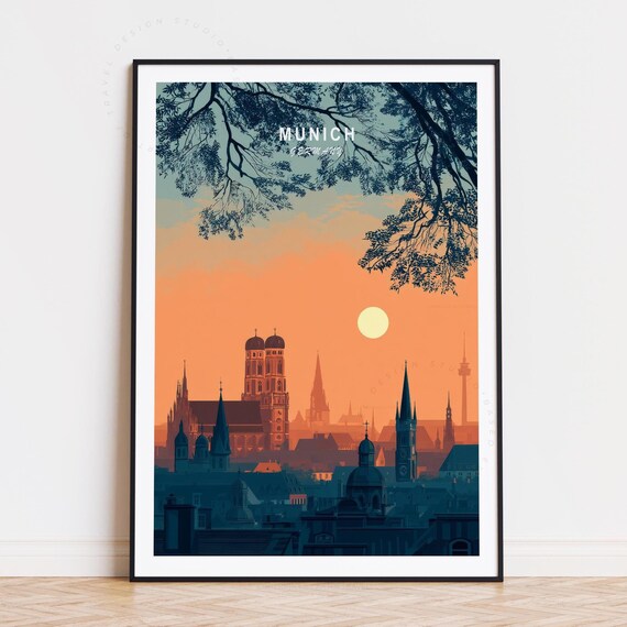 Munich Germany Golden Sunset Skyline in Leafy Branch Frame Poster