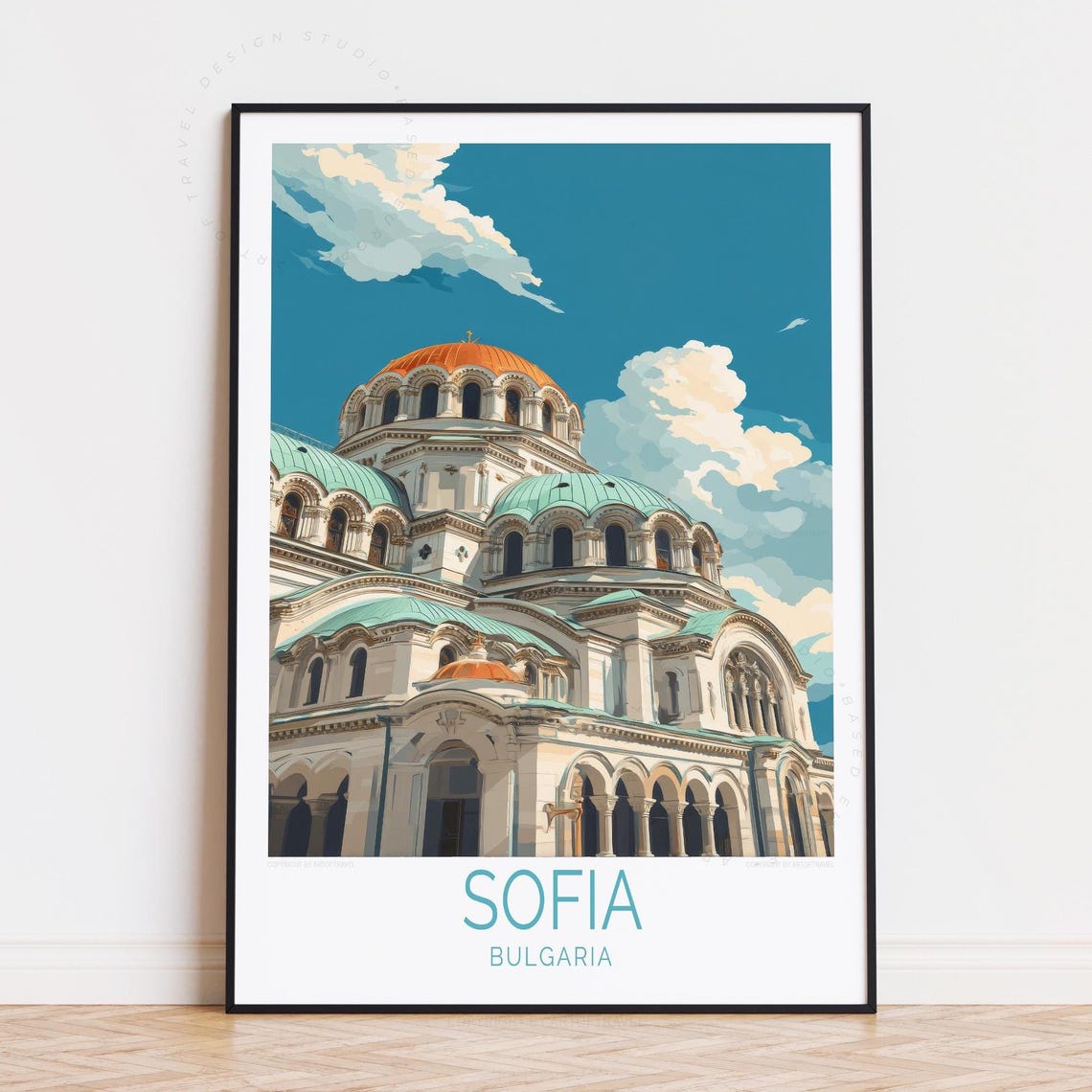 Sofia Bulgaria Alexander Nevsky Cathedral Golden Dome Vintage Poster
