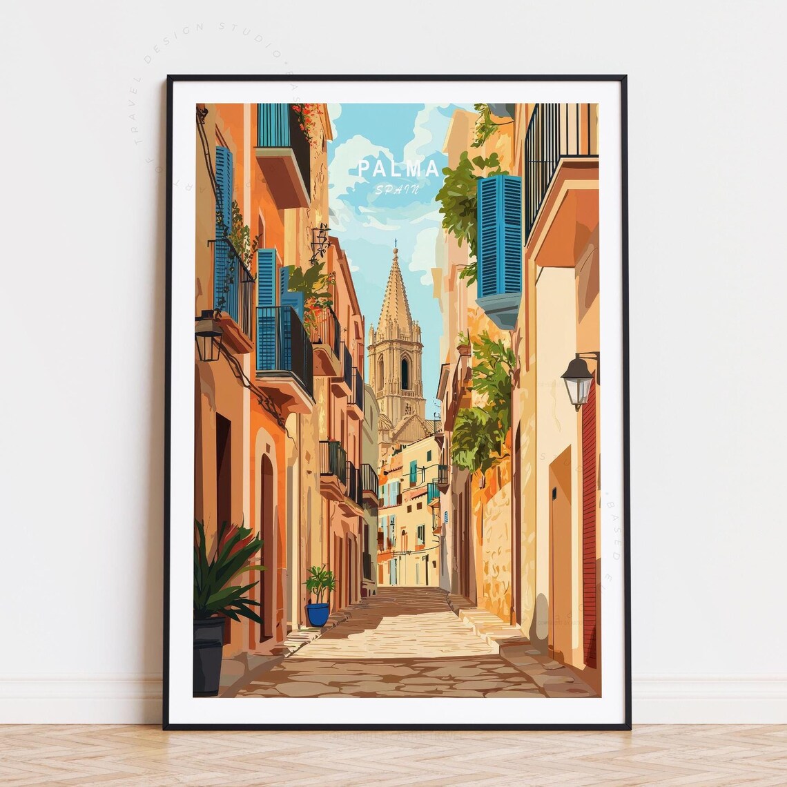 Palma Spain Old Town Street Cathedral Spire Sunny Travel Poster