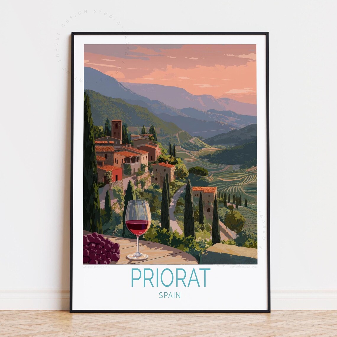 Priorat Spain Village Sunset Wine Glass Grapes Vineyard Travel Poster