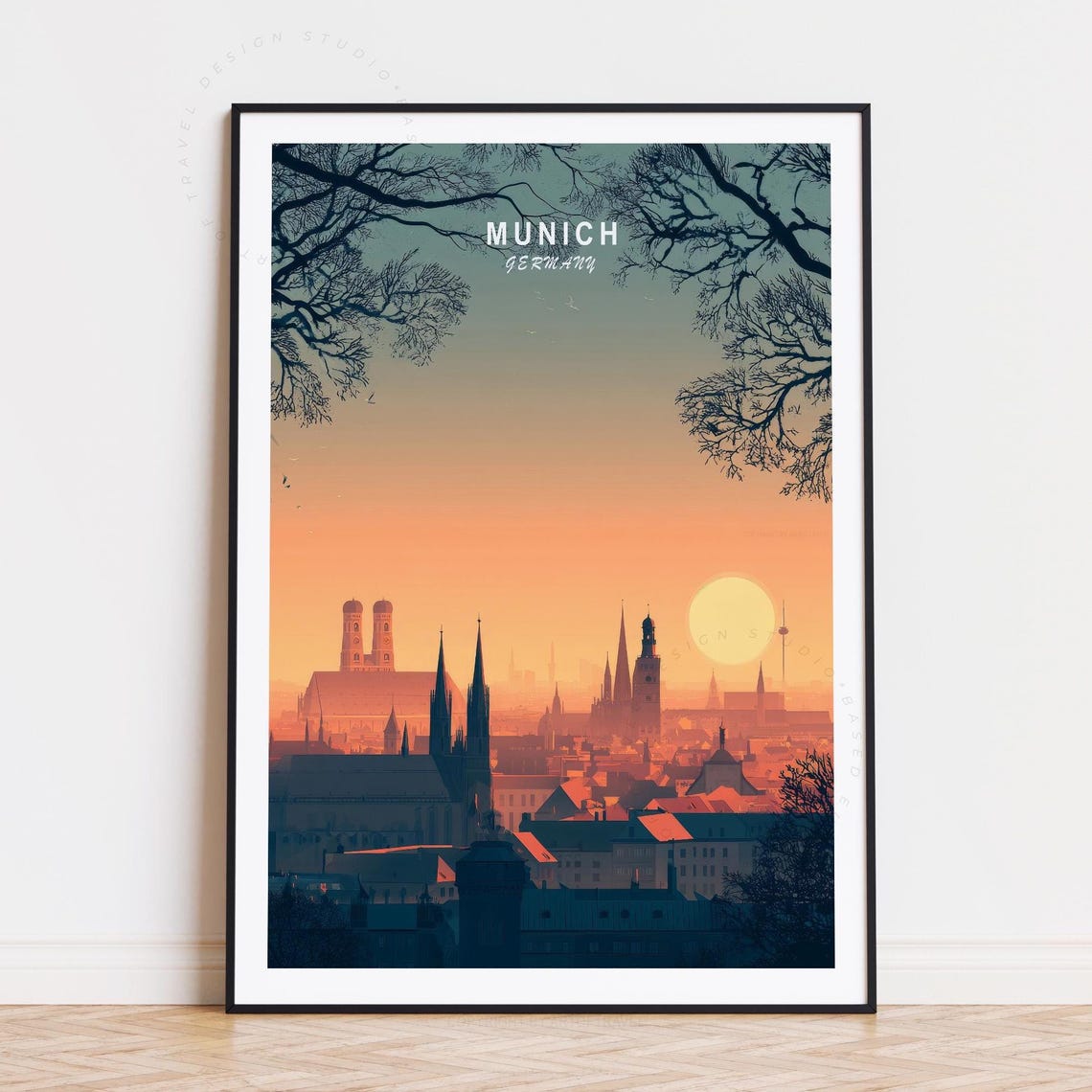 Munich Germany Sunset Skyline Through Bare Winter Trees Poster