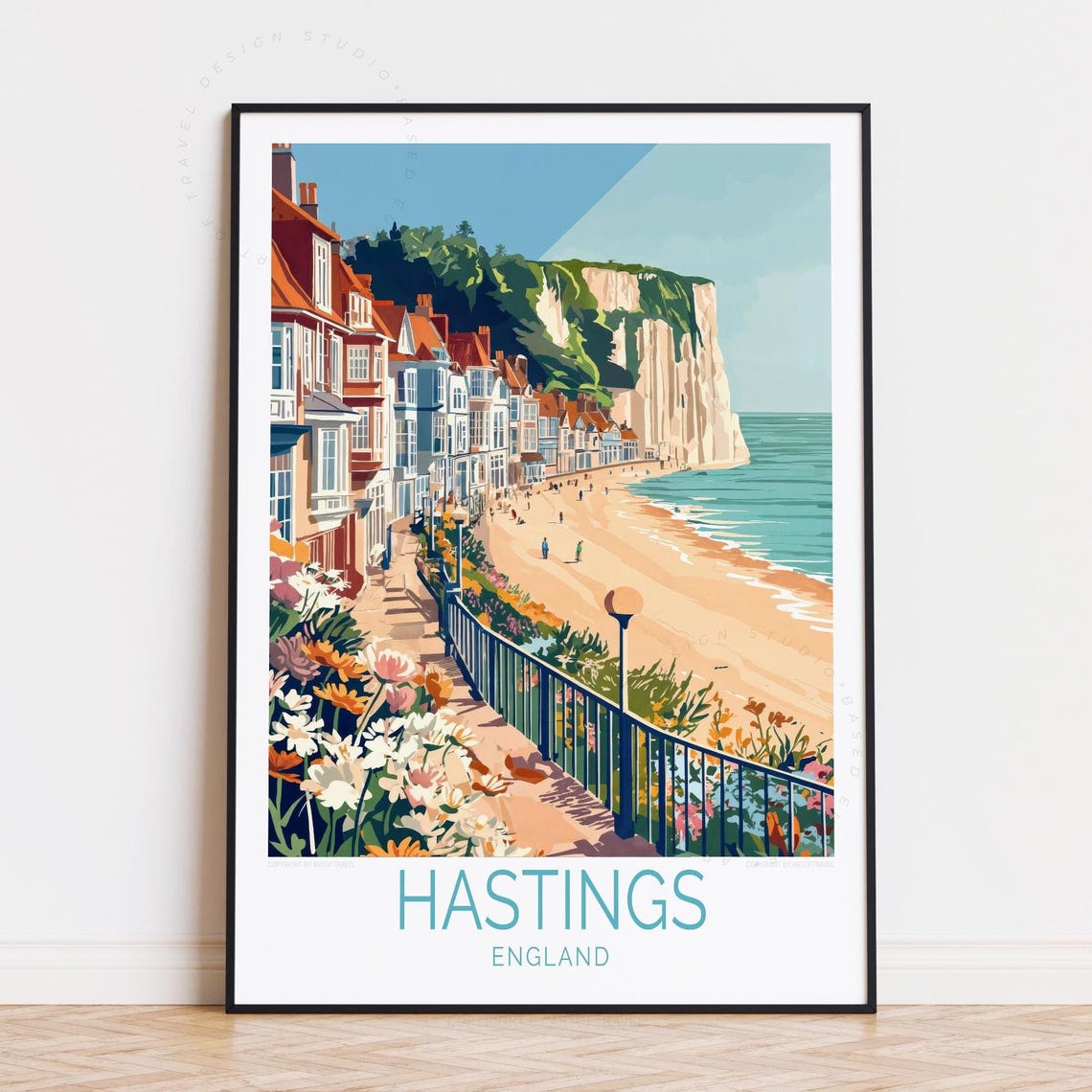Hastings England Seaside Town Beach Chalk Cliffs Travel Poster