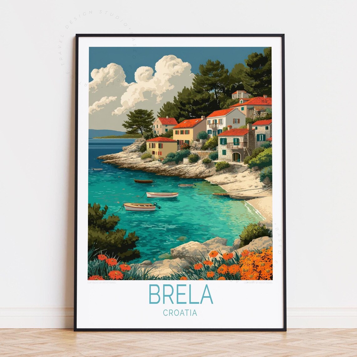 Brela Croatia Rocky Cove Fishing Boats Pine Hillside Village Poster