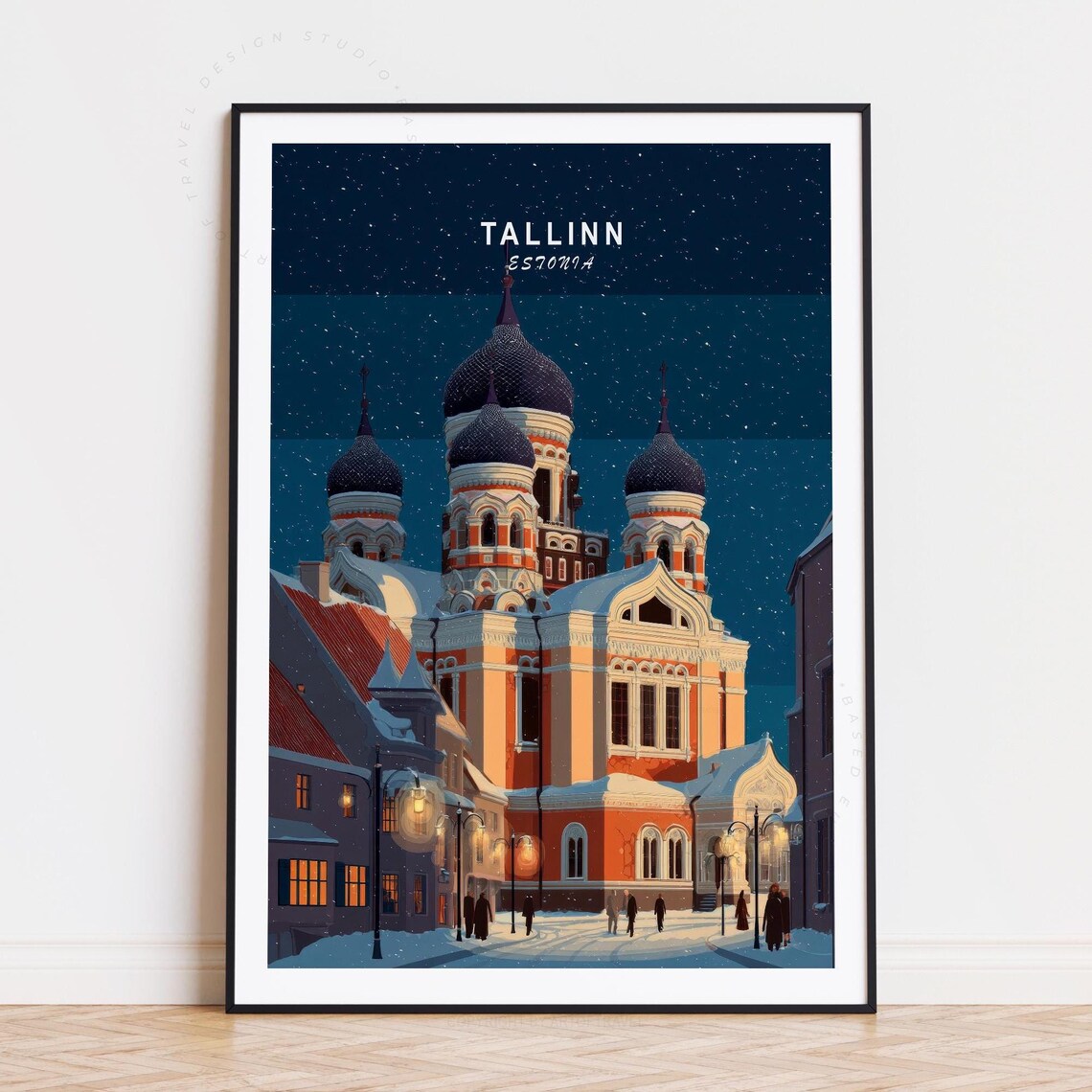 Tallinn Estonia Cathedral Snowy Night Sky Winter Travel Poster