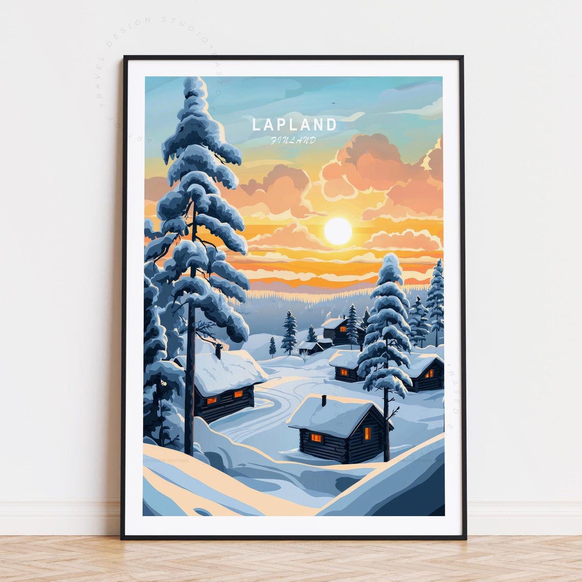 Lapland Finland Winter Cabin Sunset Pine Forest Vintage Travel Poster