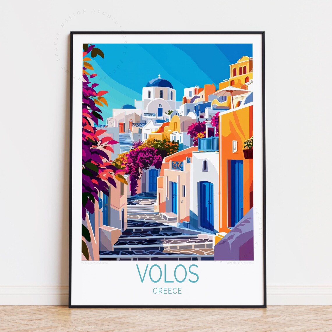 Volos Greece White Village Blue Dome Church Street Travel Poster