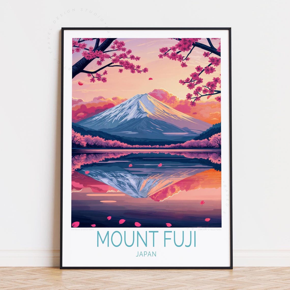 Mount Fuji Japan Sakura Petals and Mirror Lake Sunset Travel Poster