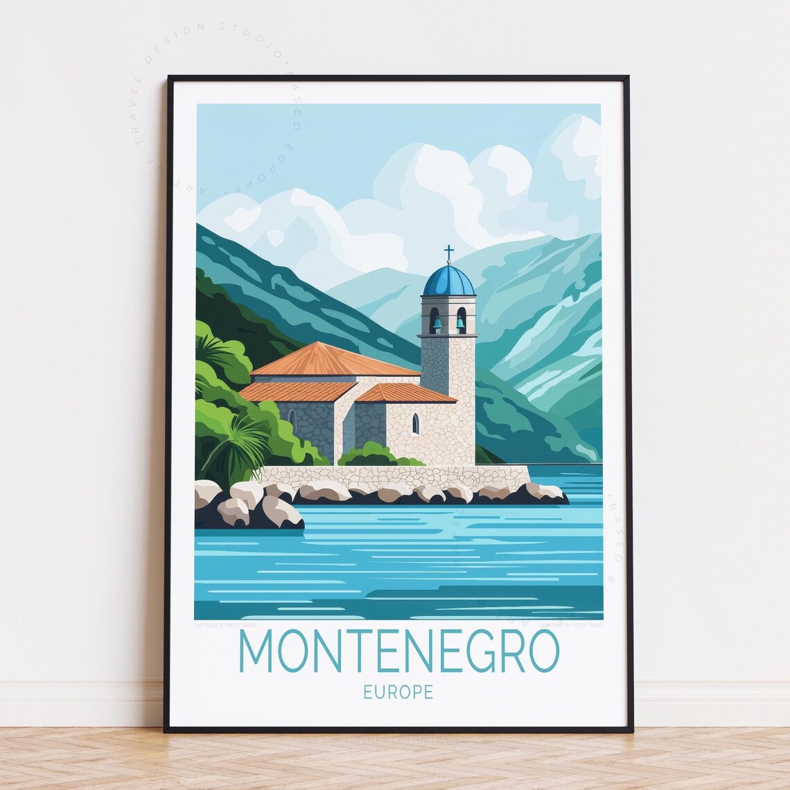Montenegro Europe Island Church Blue Dome Bell Tower Travel Poster