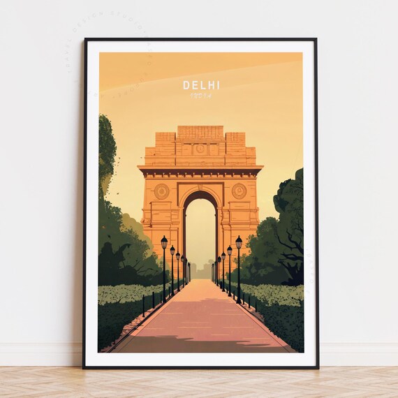 Delhi India Gate Retro Sunset Boulevard Vintage Travel Poster