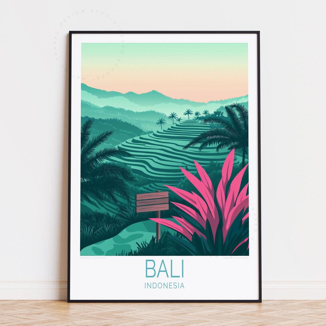 Bali Indonesia Green Rice Terraces Palm Jungle Travel Poster