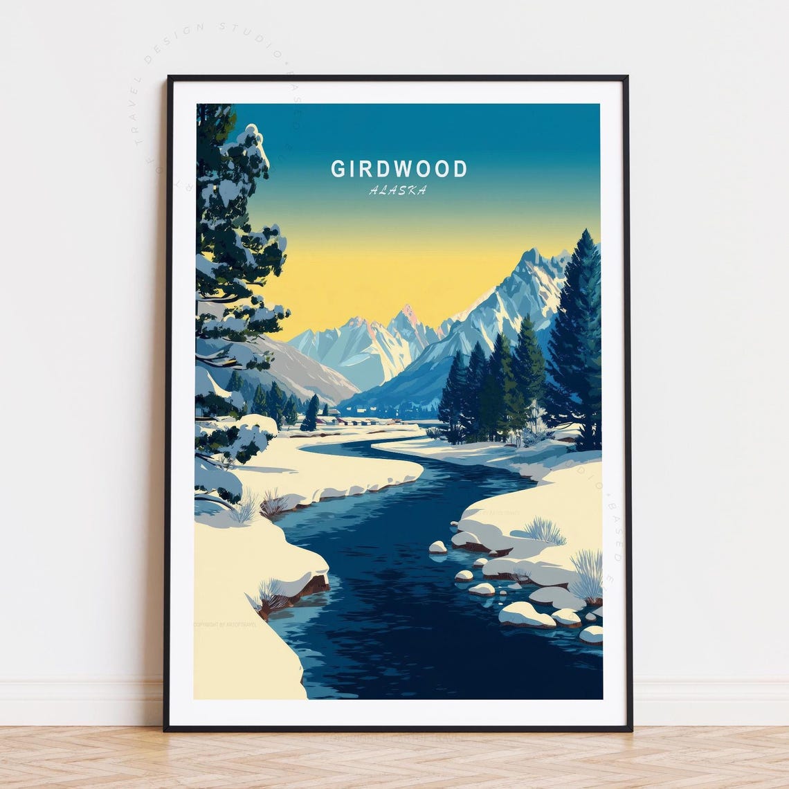 Girdwood Alaska Snow River Sunrise Mountain Evergreen Poster