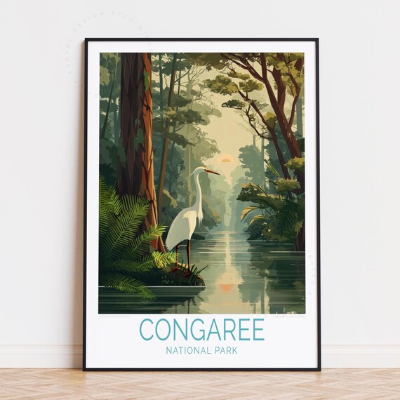 Congaree National Park Egret Sunrise Swamp Forest Travel Poster