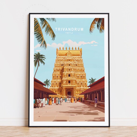 Trivandrum Kerala India Temple Gopuram Courtyard Pilgrims Travel Poster