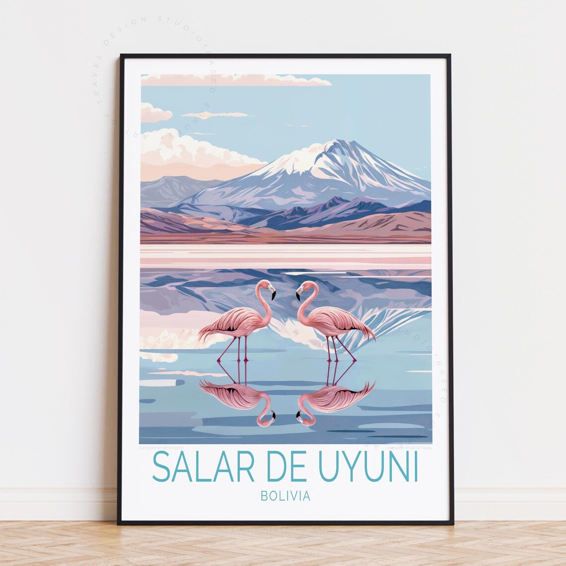 Salar de Uyuni Bolivia Flamingos Volcano Retro Travel Poster