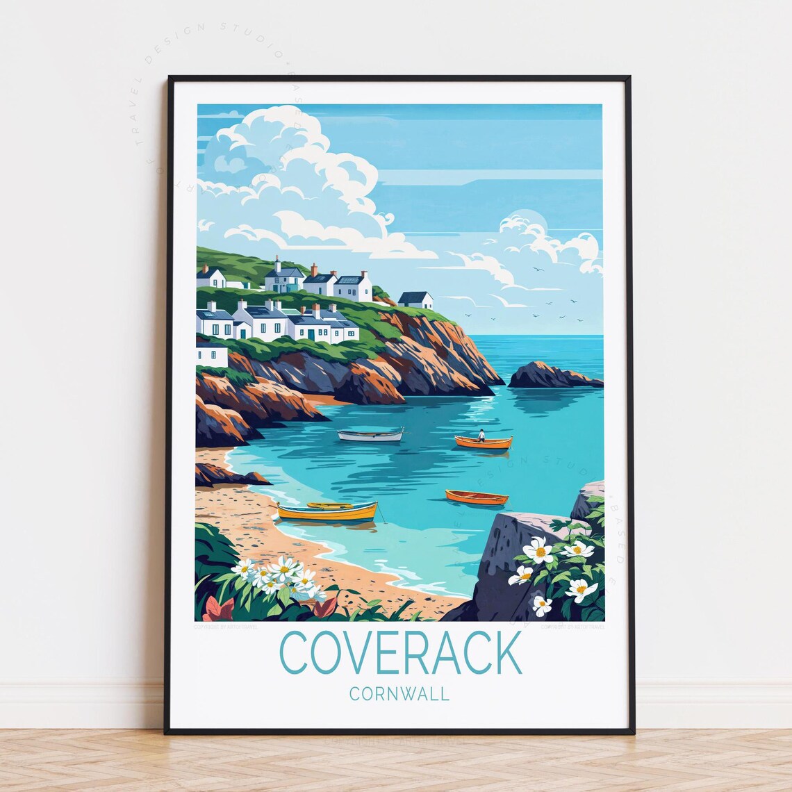 Coverack Cornwall Clifftop Cottages Rowboats Seaside Village Poster