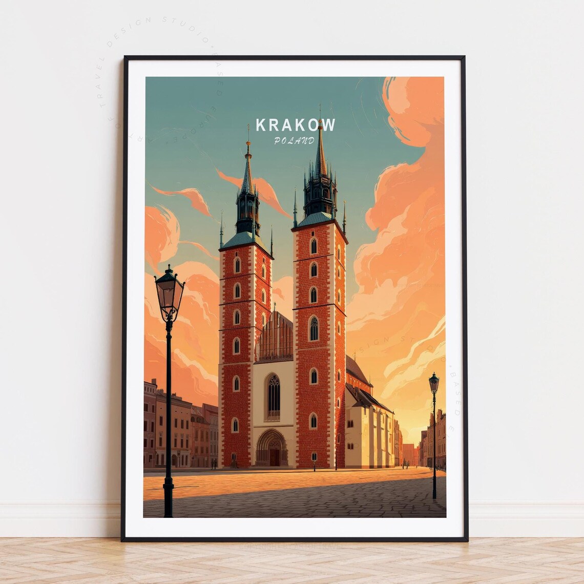 Krakow Poland St Marys Basilica Sunset Square Vintage Travel Poster