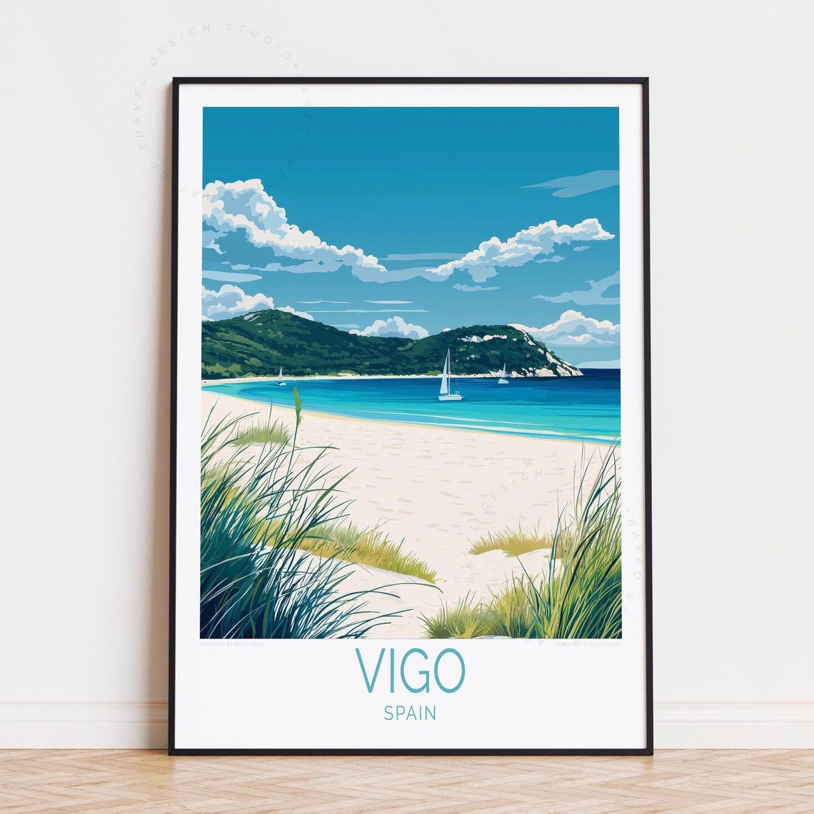 Vigo Spain Turquoise Beach Sailboats Dune Grass Travel Poster